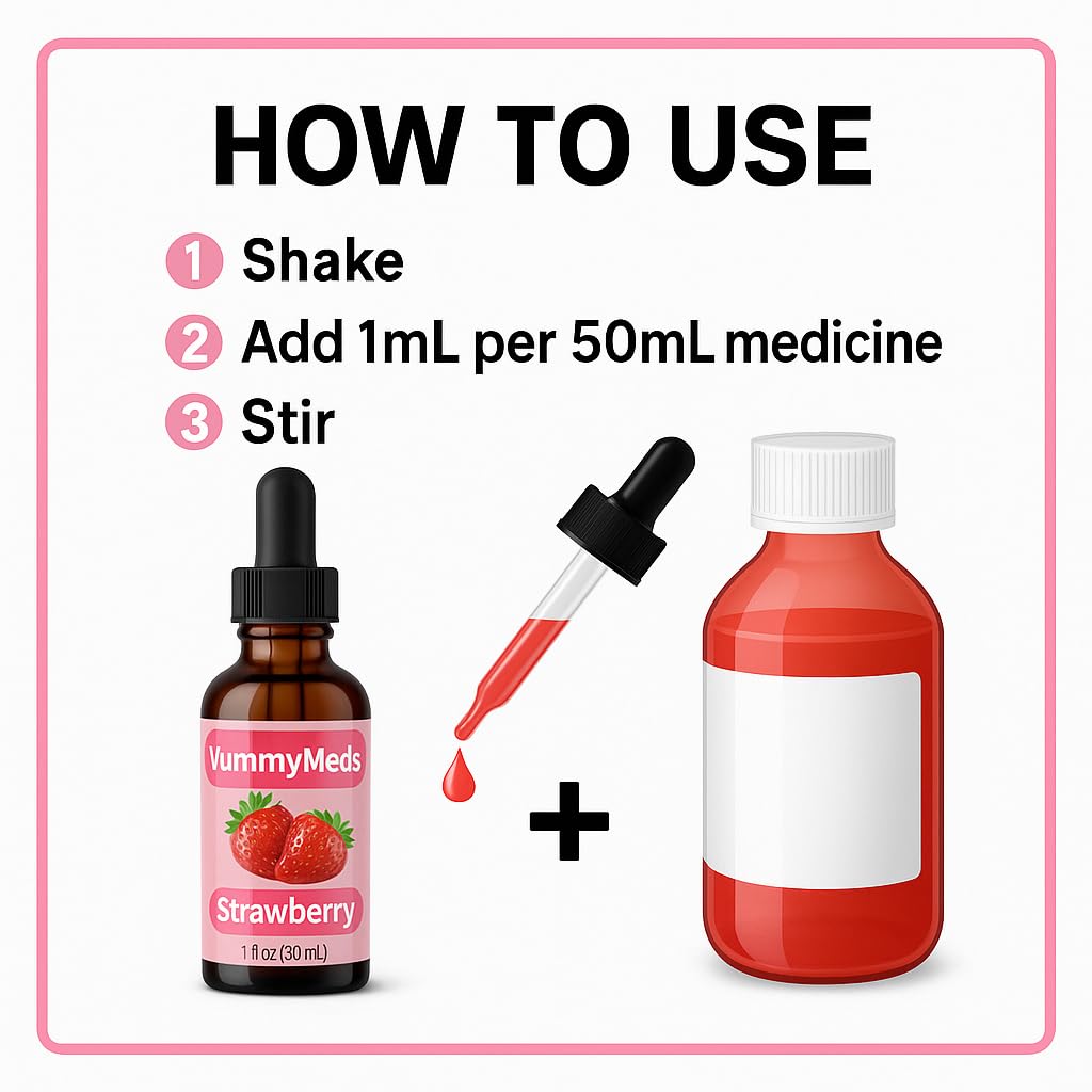YummyMeds Strawberry Flavor Drops – Medicine Flavoring for Kids & Pets – Masks Bitter Taste – Alcohol-Free – 1 fl oz (30mL) exp 2028