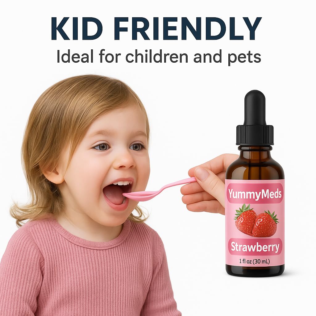 YummyMeds Strawberry Flavor Drops – Medicine Flavoring for Kids & Pets – Masks Bitter Taste – Alcohol-Free – 1 fl oz (30mL) exp 2028