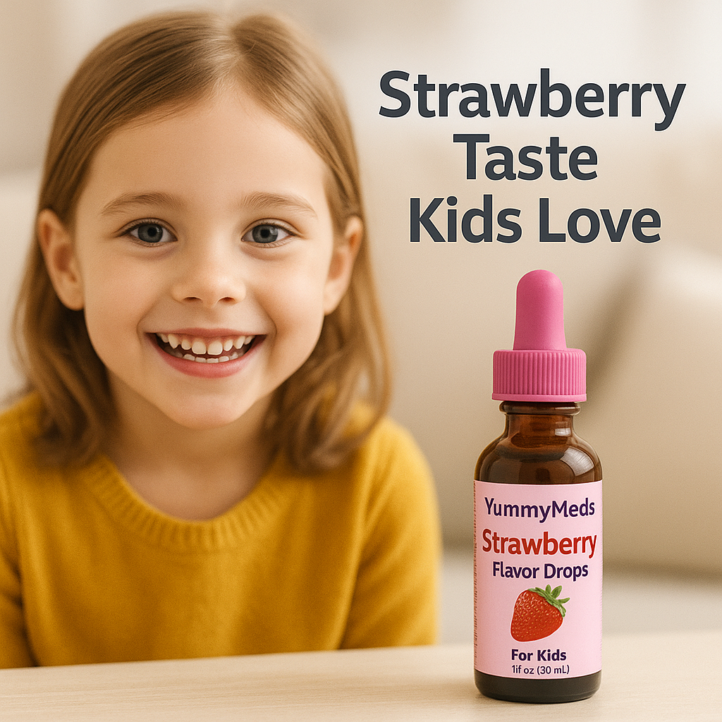 YummyMeds Strawberry Flavor Drops – Medicine Flavoring for Kids & Pets – Masks Bitter Taste – Alcohol-Free – 1 fl oz (30mL) exp 2028