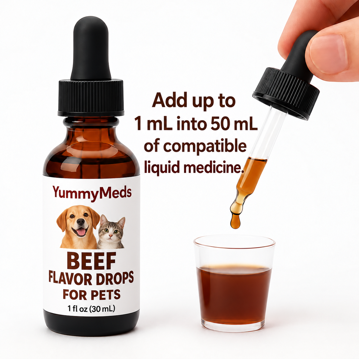 YummyMeds Beef flavor drops, 1 fl oz (30 mL) — for pets, product illustration 2